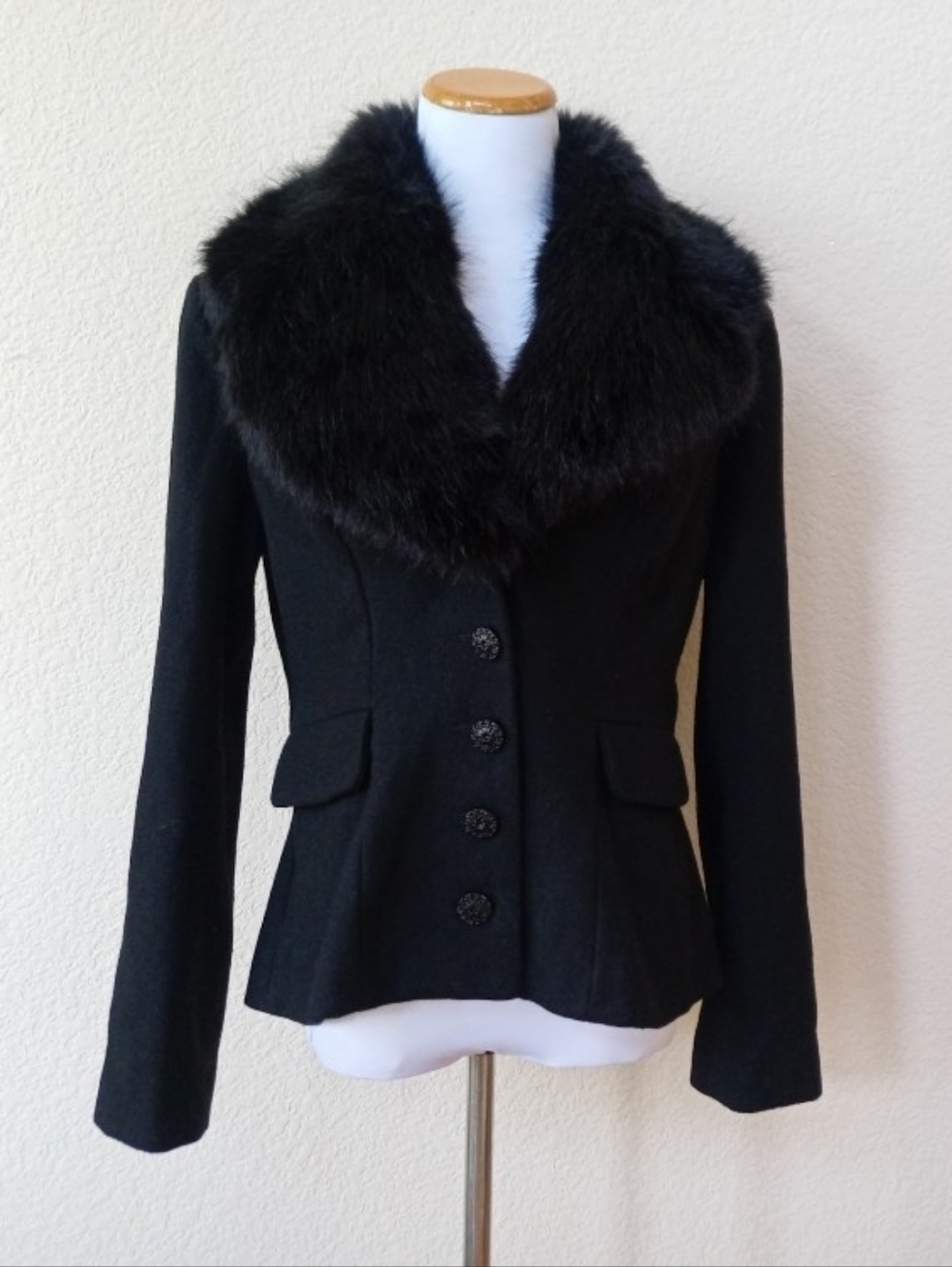 Collectif Black Faux Fur Collar Wool Jacket